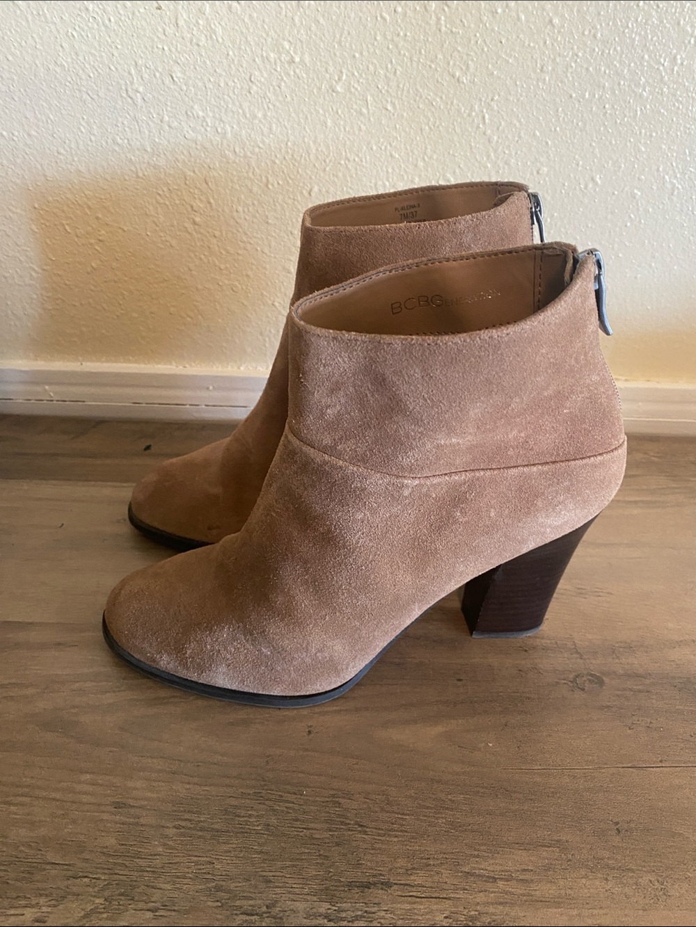 BCBGeneration Dusty Tan Suede Stacked Heel Ankle Boots